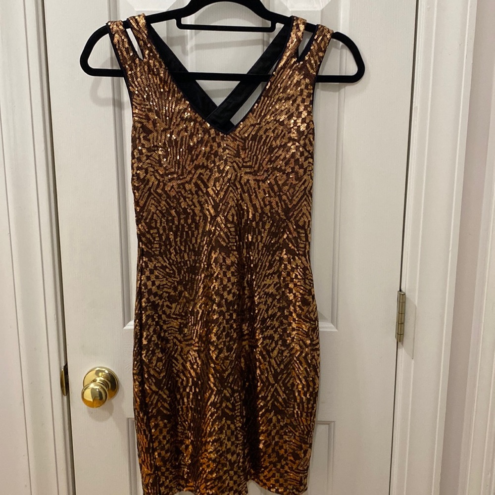 Bronze and Black Bebe Sequin Dress